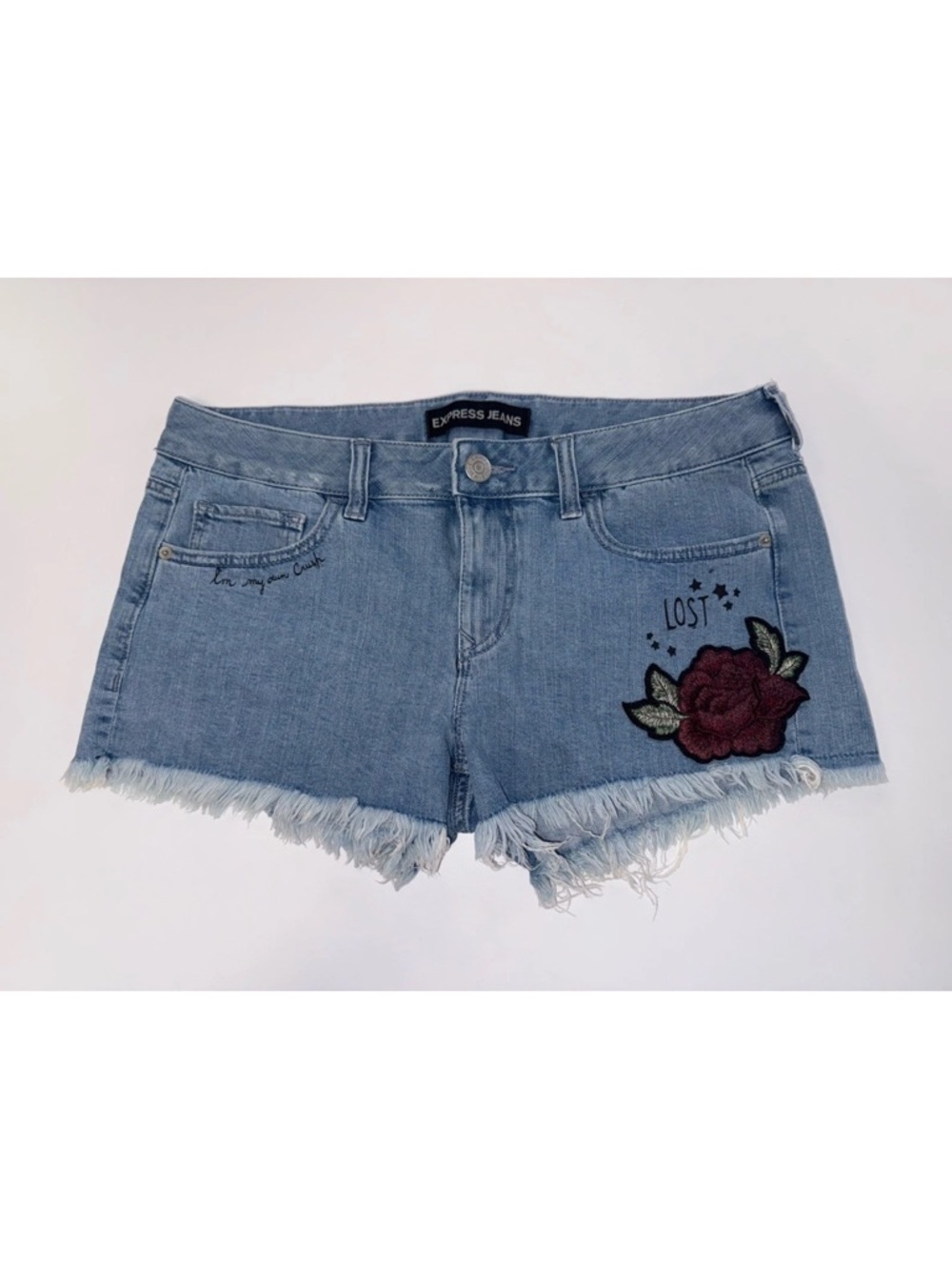 Express Denim Cut-off Shorts Rose Floral Patch Embroidered Cotton Blend Y2K 10